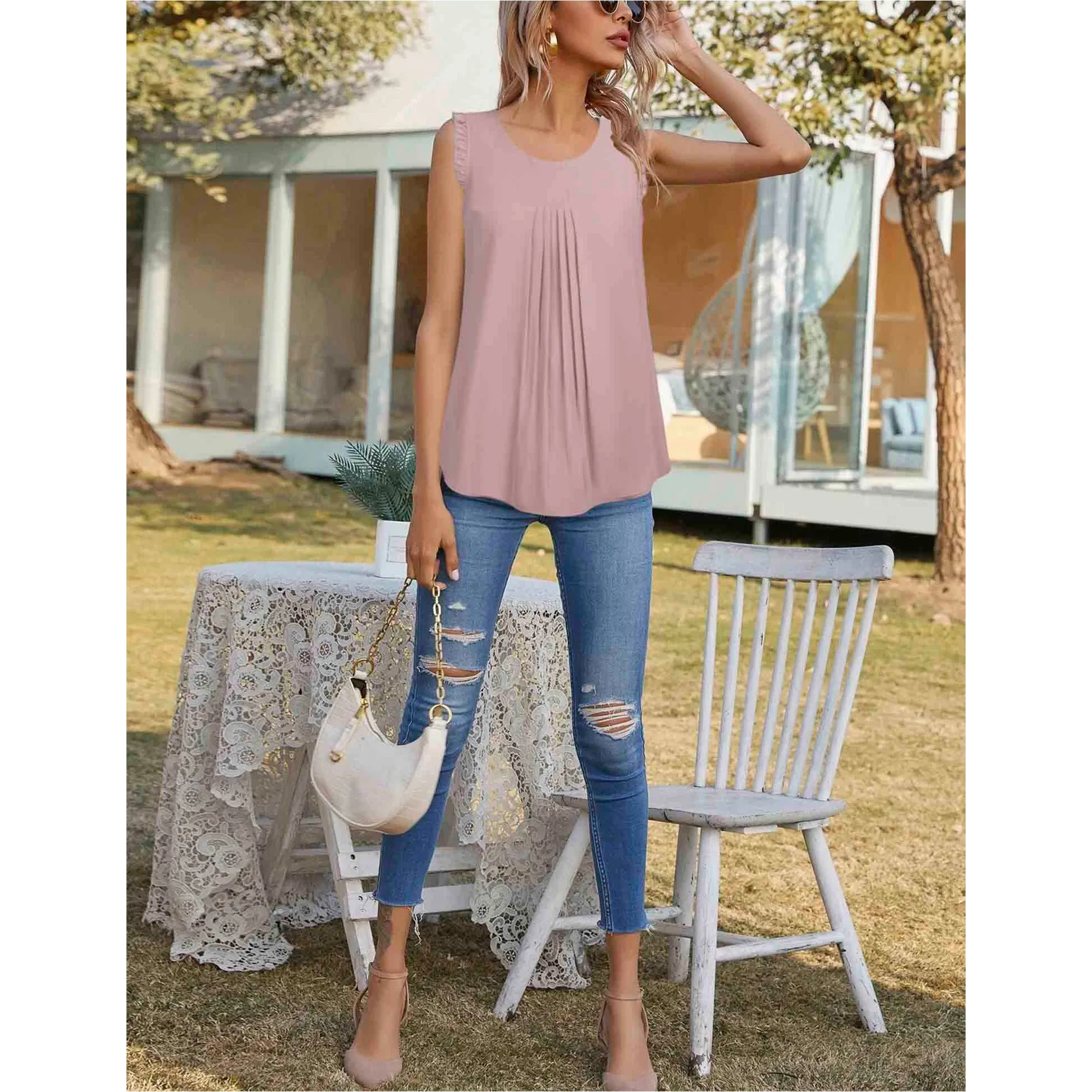 Summer Ruffle Trim Sleeveless Chiffon Blouses